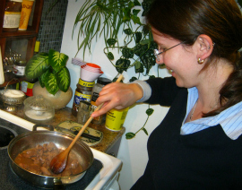 Monika Fraczek sauteing chicken livers  