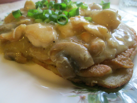 Serving Potato Pancakes and Chicken Stew