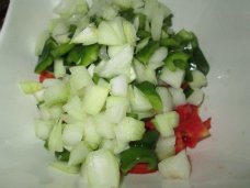 Cubed onion and salad